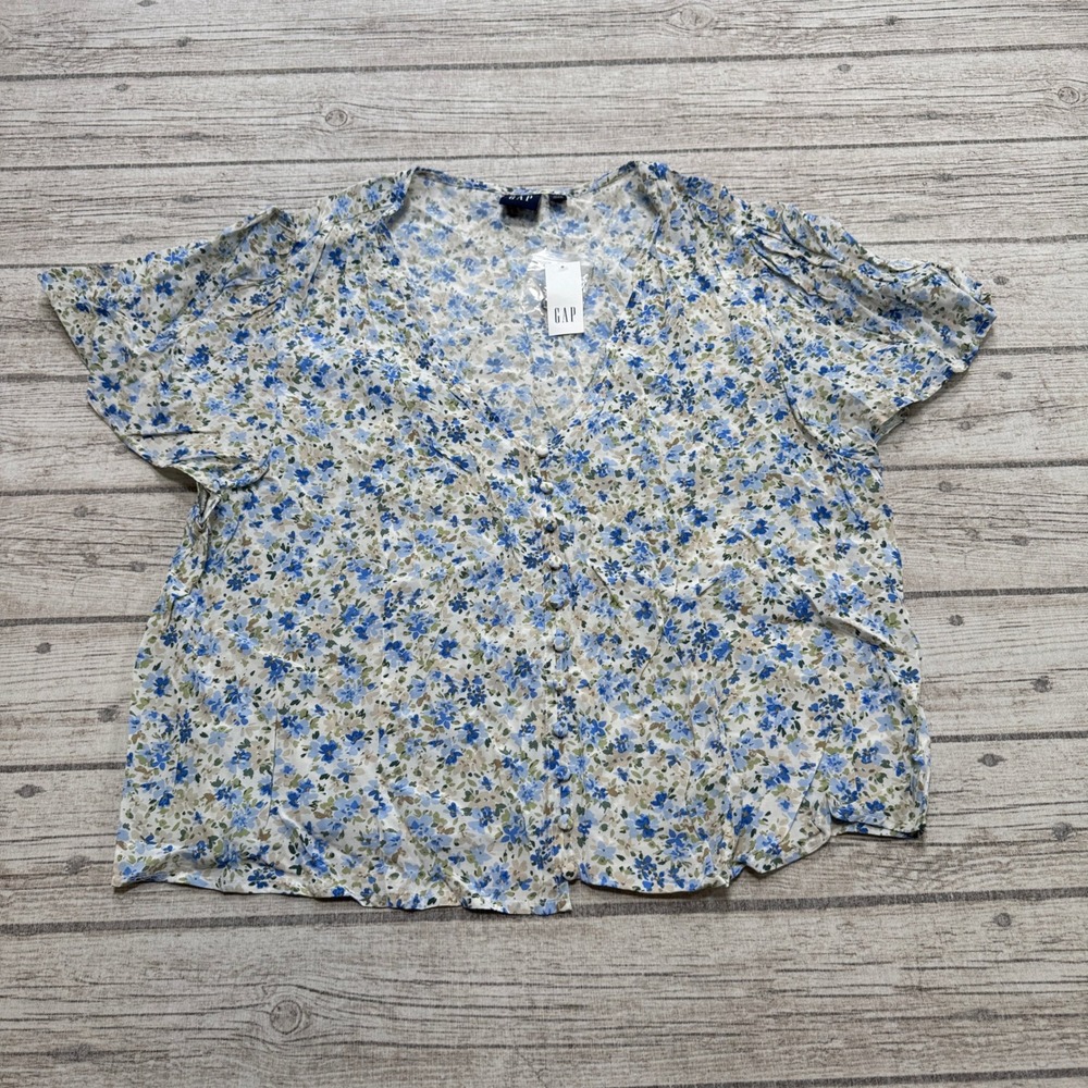 NEW GAP Blouse Women's XL Blue Floral Button Front Short Sleeve V-Neck Rayon Top